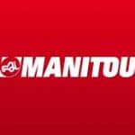 Logotipo de Manitou en fondo rojo, maquinaria y equipos de elevación.